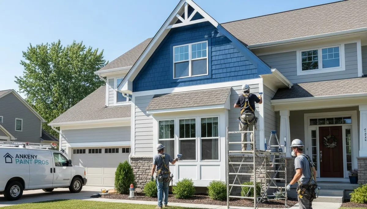 Painters in Des Moines, IA painting a home exterior for a professional residential repaint