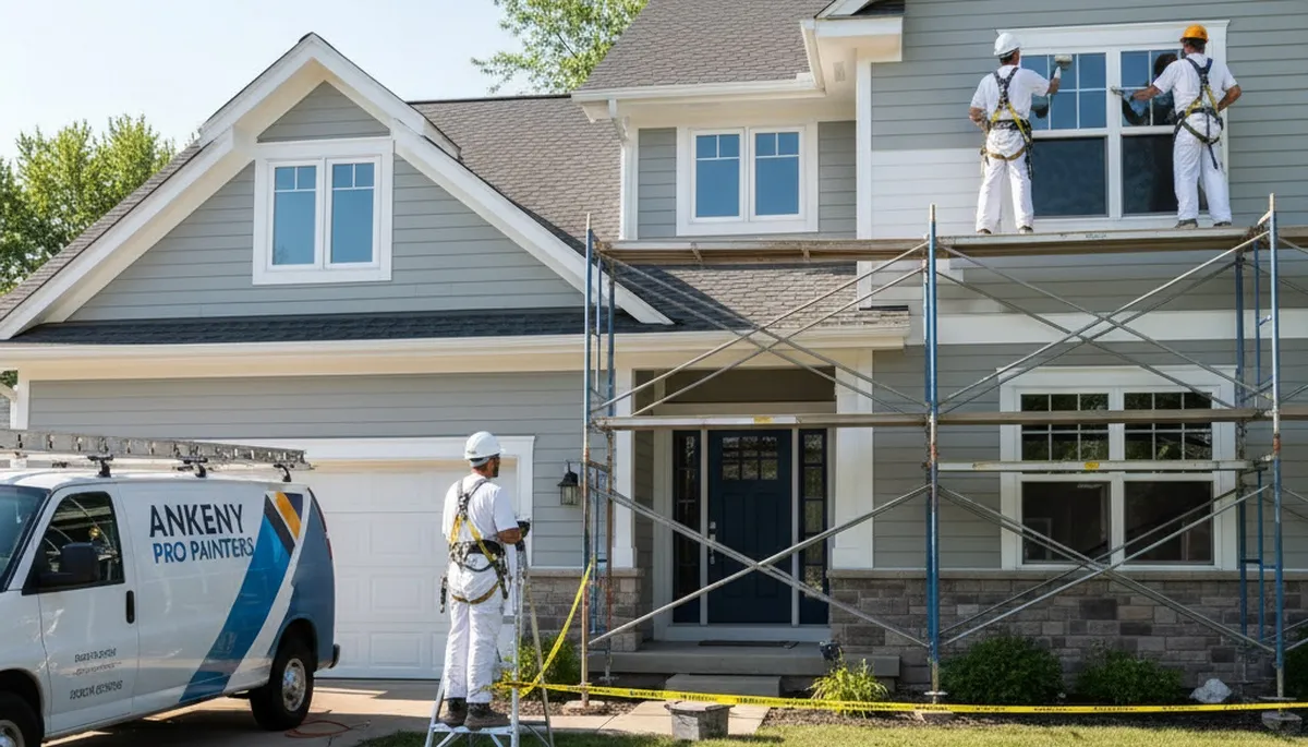 Professional painters in Des Moines, IA preparing a home exterior for painting