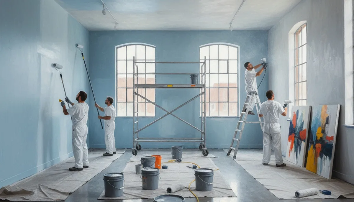 Commercial painting crew in Des Moines, IA applying durable exterior coatings to a business property
