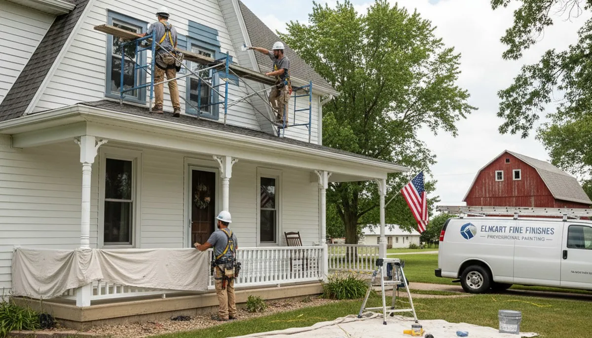 Professional painters in Des Moines, IA painting a home exterior with brushes and rollers