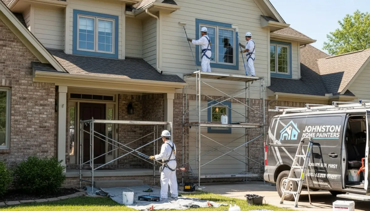 Professional painters in Des Moines, IA applying interior paint on a residential wall