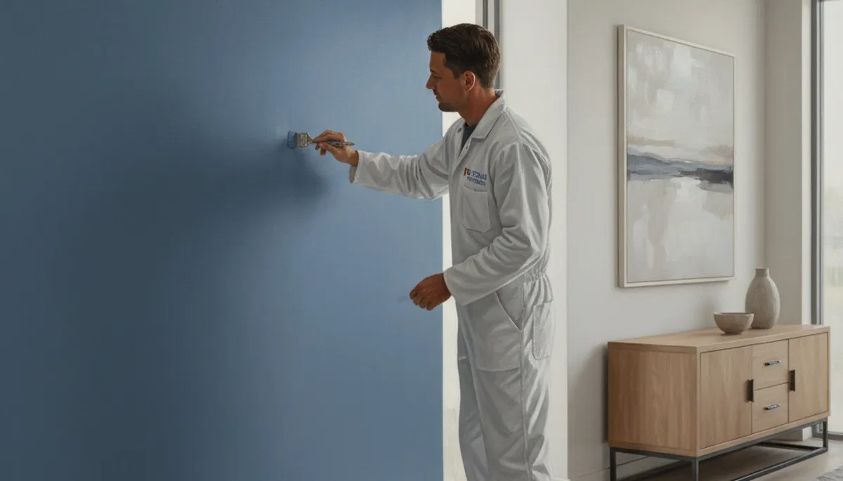 Painter applying paint touch-ups on a home in Des Moines, IA