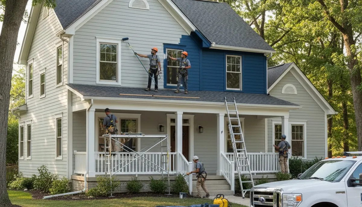 Professional painters on a Des Moines, IA home exterior applying fresh paint coating